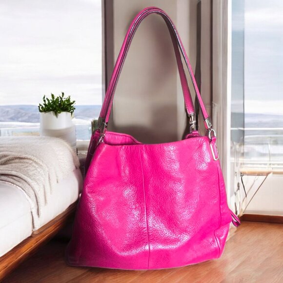 COACH Madison Phoebe 3 Section Shoulder Bag Tumbled Hot Pink Leather - Picture 1 of 16